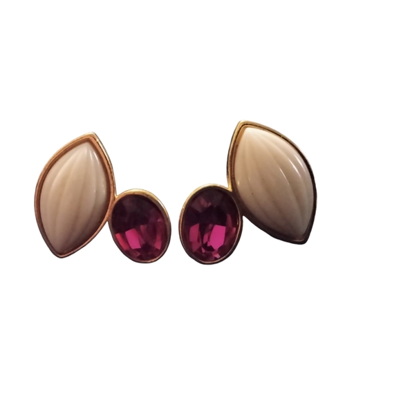 YSL Yves Saint Laurent Vintage Cabachon & Fuschia Glass Stone Earrings - Picture 2 of 4